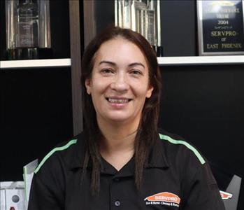 Professional headshot of Sandra Sicari, Crew Chief in Contents at SERVPRO of Phoenix, smiling in SERVPRO-branded gear